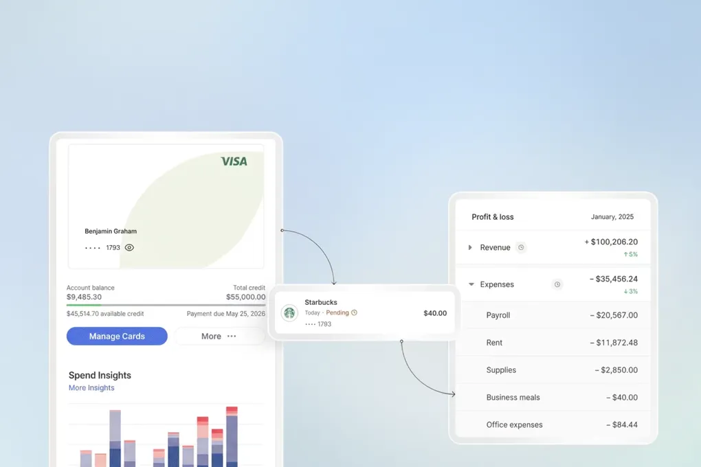 A CapitalOS card and its pending transaction flowing into Layer’s profit and loss