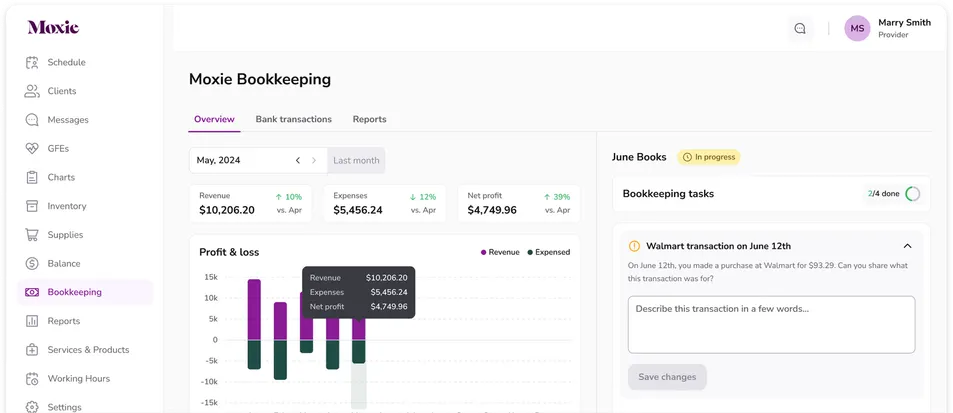 Moxie Bookkeeping inside the Moxie platform: the overview with revenue, expenses and net profit for May 2024, the profit and loss chart, and June’s bookkeeping tasks.