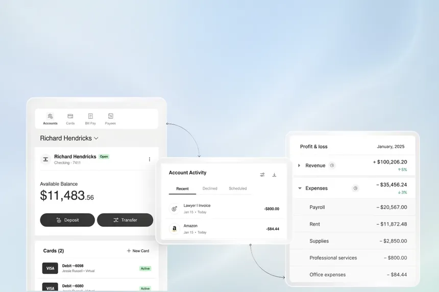 A Unit business checking account with its balance and cards, its recent account activity, and Layer’s profit and loss for January 2025 with the same transactions under Expenses